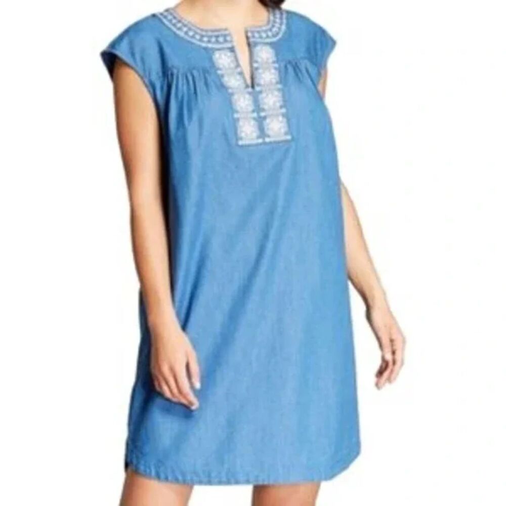 Knox Rose Chambray Embroidered Shirt Dress Size L Denim Boho Cottagecore Prairie